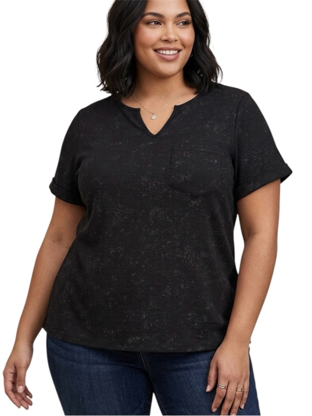 BloomChic Black Acid Washed Waffle Knit Notch Neck Cuff Sleeve Top Size 18/20